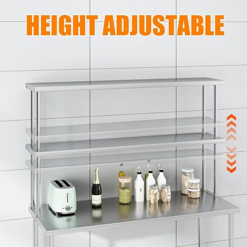 أرفف علوية من الفولاذ المقاوم للصدأ لطاولة العمل والإعداد مقاس 12 بوصة × 60 بوصة - رف علوي بطبقتين مع رف قابل للتعديل - رف كونترتوب تجاري للمطبخ والمطعم in Kuwait