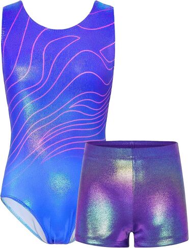 TENVDA Gymnastics Leotards for Girls 5-12 Years Old Sparkly Dance Tumbling Outfit Matching Shorts Set in Kuwait
