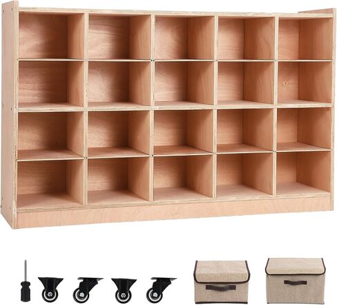 Mobile Storage Cabinet,Storage Block Cubby with 5 Anti-Flip Fittings, 4 Castors and 2 Boxes for Home, School, Kindergarten, Natural in Saudi Arabia