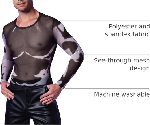 WDIRARA Men's Mesh Shirts Long Sleeve Rave See Through Tee Crewneck Party Club Wear Top in Saudi Arabia