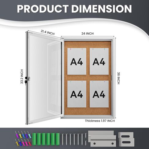 72"x36" Lockable Enclosed Bulletin Board, Outdoor Cork Weather-Resistant Aluminum Frame Notice Board, Wall Mounted Display Case Acrylic Doors for School,Office,Black Frame w/Cork in Saudi Arabia