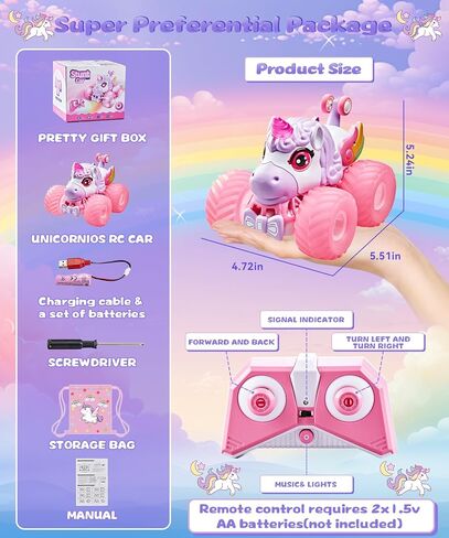 Remote Control Car Unicornios Trucks with Lights and Music,360°Rotating 4WD Stunt RC Cars Toys for Girls, 2.4 GHz, Rechargeable, All Terrain RC Toys Presents for Girls Age 3-10 (With Storage Bag) in Saudi Arabia