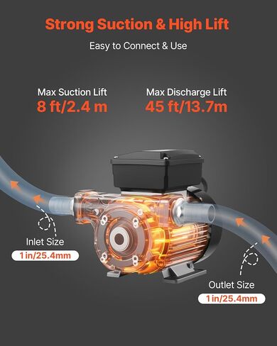 مضخة نقل الزيت VEVOR 110 فولت، 16 GPM 60 لتر/دقيقة، مضخة نقل الوقود الكهربائية AC للديزل الحيوي الكيروسين، 8 أقدام/2.4 متر أقصى رفع شفط، 45 قدم/13.7 متر أقصى رفع، للمركبات ومواقع البناء والمزارع in Saudi Arabia
