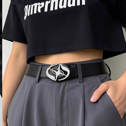 حزام Y2K للنساء والرجال حزام من الجلد الصناعي الأسود مع مشبك على شكل نجمة فضية، إكسسوار أزياء Punk Goth Grunge Emo قابل للتعديل للجينز والتنانير وملابس العقد الأول من القرن الحادي والعشرين in Kuwait