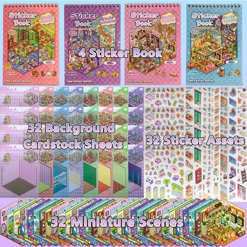 4 Sticker Books (1200+), 32 DIY 3D Scene Sticker Collection with Tweezers, Reusable Creative Craft Set, Aesthetic Art Supplies & Party Favor in Saudi Arabia