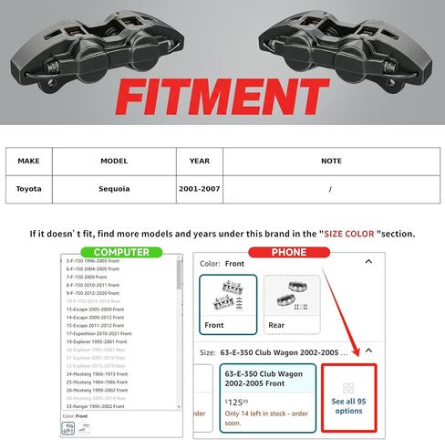 Motorevo Rear Brake Caliper With Bracket Compatible With 2001-2007 Toyota Sequoia, Rear Driver & Passenger Side, 19-B2737 19-B2736, Check "SIZE COLOR" for Other TOYOTA Models in Kuwait