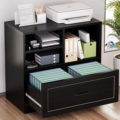 LVB Lateral Wood File Cabinet with Drawer, Farmhouse Printer Filing Cabinet with Storage for Legal Letter A4, Wooden Printer Stand with Hanging File Organizer Shelves for Home Office, 32.7 in, Greige in Saudi Arabia