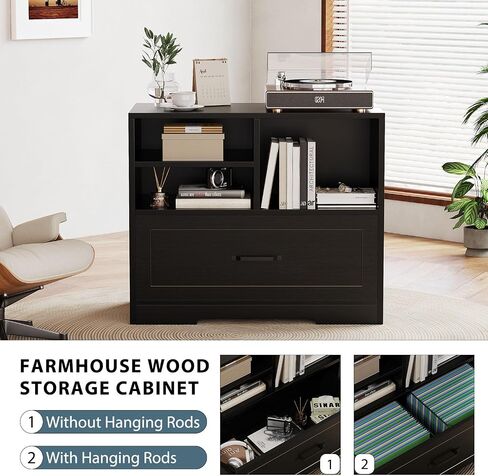 LVB Lateral Wood File Cabinet with Drawer, Farmhouse Printer Filing Cabinet with Storage for Legal Letter A4, Wooden Printer Stand with Hanging File Organizer Shelves for Home Office, 32.7 in, Greige in Saudi Arabia