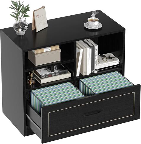 LVB Lateral Wood File Cabinet with Drawer, Farmhouse Printer Filing Cabinet with Storage for Legal Letter A4, Wooden Printer Stand with Hanging File Organizer Shelves for Home Office, 32.7 in, Greige in Saudi Arabia