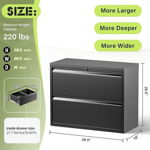Incbruce خزانة ملفات جانبية ذات درجين، خزائن ملفات معدنية أسفل المكتب مقاس 28 بوصة مع قفل، للمنزل والمكتب، تناسب A4/F4/Letter/الملف القانوني (أسود) in Kuwait
