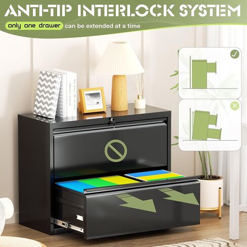 Incbruce خزانة ملفات جانبية ذات درجين، خزائن ملفات معدنية أسفل المكتب مقاس 28 بوصة مع قفل، للمنزل والمكتب، تناسب A4/F4/Letter/الملف القانوني (أسود) in Kuwait