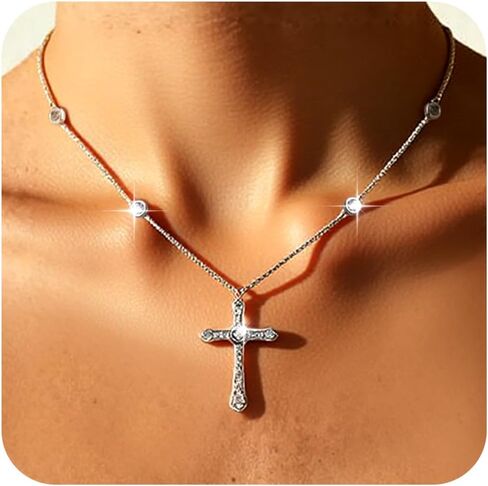 Agriajun الصليب قلادة قلادة للنساء الفتيات - القوطية الكاثوليكية المسيحية زي الصليب المجوهرات - حساسة لذيذ مكعب زركونيا حجر الراين الفولاذ المقاوم للصدأ سلسلة هيبوالرجينيك هدية عيد الميلاد in Kuwait