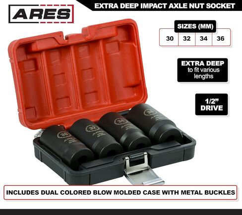 ARES 12062-4-Piece Axle Nut Socket Set - 30mm, 32mm, 34mm, and 36mm Axle Nut Sockets - 12 Point Sockets - Extra Deep 1/2-Inch Drive Impact Socket for Easy Removal of Axle Shaft Nuts in Saudi Arabia