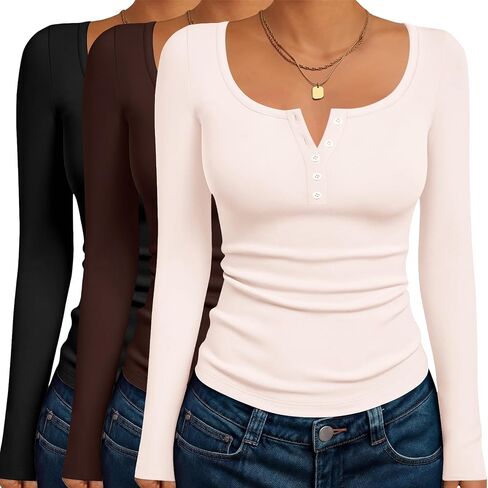تي شيرت نسائي من Ekouaer بأكمام طويلة من Henley مكون من 3 عبوات بأزرار خريف وقصة ضيقة وطبقة أساسية أساسية وقمصان داخلية حرارية ناعمة in Saudi Arabia