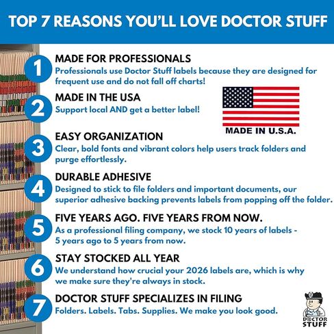 ملصقات عام 2026، ملصقات مخطط Doctor Stuff 2026، لون أزرق فاتح/أبيض مرمز، نمط رينولدز ورينولدز، ملصقات سنة الصنع في الولايات المتحدة الأمريكية لمجلدات ملفات علامات التبويب النهائية، 500/لفة، لفة واحدة، 3/4 بوصة × 1-1/2 بوصة in Saudi Arabia