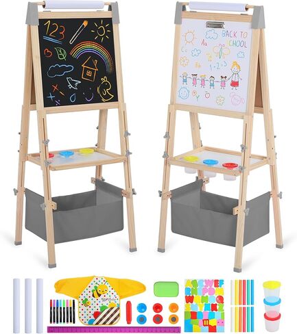 3 in 1 Adjustable Kids Art Easel Set, Dual-Sided Wooden Art Station w/Magnetic Whiteboard, Chalkboard & Paper Roll, Height Adjustable Standing Painting Easel for Toddlers Ages 3+, Gray in Kuwait