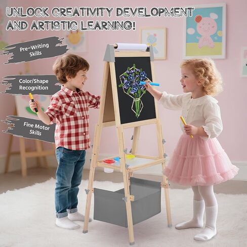 3 in 1 Adjustable Kids Art Easel Set, Dual-Sided Wooden Art Station w/Magnetic Whiteboard, Chalkboard & Paper Roll, Height Adjustable Standing Painting Easel for Toddlers Ages 3+, Gray in Kuwait
