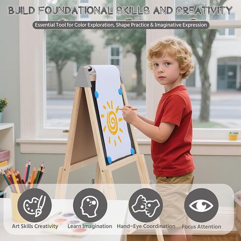 3 in 1 Adjustable Kids Art Easel Set, Dual-Sided Wooden Art Station w/Magnetic Whiteboard, Chalkboard & Paper Roll, Height Adjustable Standing Painting Easel for Toddlers Ages 3+, Gray in Kuwait