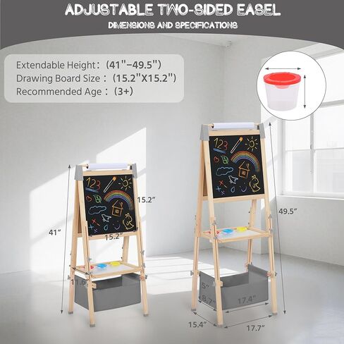 3 in 1 Adjustable Kids Art Easel Set, Dual-Sided Wooden Art Station w/Magnetic Whiteboard, Chalkboard & Paper Roll, Height Adjustable Standing Painting Easel for Toddlers Ages 3+, Gray in Kuwait