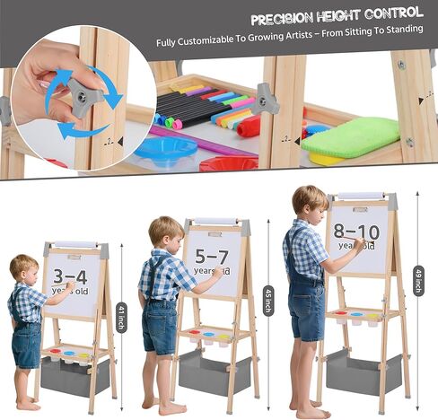 3 in 1 Adjustable Kids Art Easel Set, Dual-Sided Wooden Art Station w/Magnetic Whiteboard, Chalkboard & Paper Roll, Height Adjustable Standing Painting Easel for Toddlers Ages 3+, Gray in Kuwait