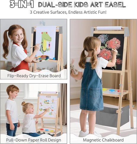 3 in 1 Adjustable Kids Art Easel Set, Dual-Sided Wooden Art Station w/Magnetic Whiteboard, Chalkboard & Paper Roll, Height Adjustable Standing Painting Easel for Toddlers Ages 3+, Gray in Kuwait