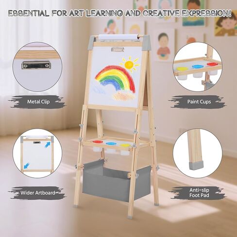 3 in 1 Adjustable Kids Art Easel Set, Dual-Sided Wooden Art Station w/Magnetic Whiteboard, Chalkboard & Paper Roll, Height Adjustable Standing Painting Easel for Toddlers Ages 3+, Gray in Kuwait