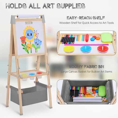 3 in 1 Adjustable Kids Art Easel Set, Dual-Sided Wooden Art Station w/Magnetic Whiteboard, Chalkboard & Paper Roll, Height Adjustable Standing Painting Easel for Toddlers Ages 3+, Gray in Kuwait