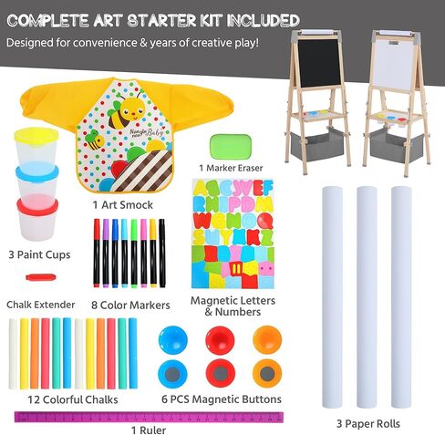 3 in 1 Adjustable Kids Art Easel Set, Dual-Sided Wooden Art Station w/Magnetic Whiteboard, Chalkboard & Paper Roll, Height Adjustable Standing Painting Easel for Toddlers Ages 3+, Gray in Kuwait