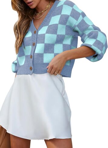 سترة نسائية من Dokotoo ذات مربعات ورقبة على شكل حرف V وأزرار سفلية وأكمام طويلة منسوجة بالكابل وسترات كارديجان قصيرة in Kuwait