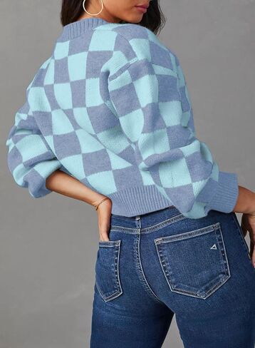 سترة نسائية من Dokotoo ذات مربعات ورقبة على شكل حرف V وأزرار سفلية وأكمام طويلة منسوجة بالكابل وسترات كارديجان قصيرة in Kuwait