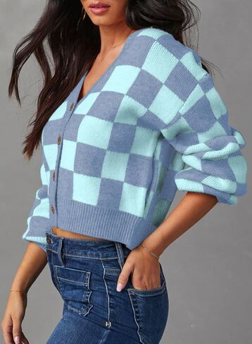 سترة نسائية من Dokotoo ذات مربعات ورقبة على شكل حرف V وأزرار سفلية وأكمام طويلة منسوجة بالكابل وسترات كارديجان قصيرة in Kuwait