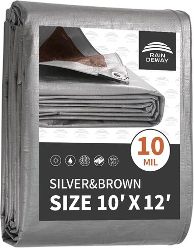 RAINDEWAY قماش متين مقاوم للماء مقاس 10 × 12 قدم، غطاء قماش بوليستر متعدد الأغراض بسمك 10 مل مع حلقات معدنية وحواف معززة، قماش القنب فضي/بني in Kuwait