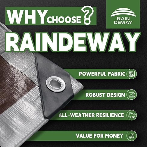 RAINDEWAY قماش متين مقاوم للماء مقاس 10 × 12 قدم، غطاء قماش بوليستر متعدد الأغراض بسمك 10 مل مع حلقات معدنية وحواف معززة، قماش القنب فضي/بني in Kuwait