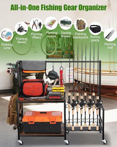 EXTCCT Fishing Rod Holder - Fishing Pole Rack for 10 Rods - Adjustable Height Fishing Gear Equipment Organizer Storage Solution for Garage Basement or Indoor in Saudi Arabia