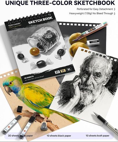 مجموعة أدوات الرسم والرسم من Four Candy، 52 قطعة من اللوازم الفنية مع 10 أقلام تحديد رفيعة ميكرون، و6 أقلام رصاص ميكانيكية للرسم، وكتاب رسم ثلاثي الألوان، و27 عبوة من الرصاص، وهدايا اللوازم المدرسية للمبتدئين والبالغين والمراهقين in Kuwait