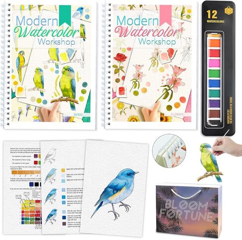 Watercolor Workbooks with Step by Step for Adults Teens - 2 Pack Beginner workbooks with 24 Coloring Book Pages - 12 color blocks and a Brush - Watercolor Paper 300gsm/140lb (birds & flower) in Saudi Arabia
