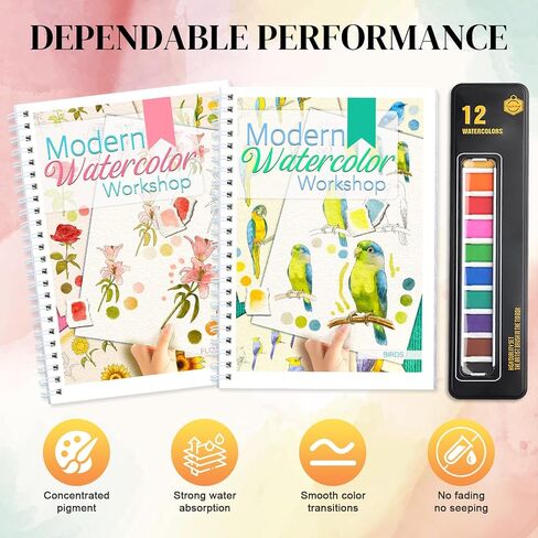 Watercolor Workbooks with Step by Step for Adults Teens - 2 Pack Beginner workbooks with 24 Coloring Book Pages - 12 color blocks and a Brush - Watercolor Paper 300gsm/140lb (birds & flower) in Saudi Arabia