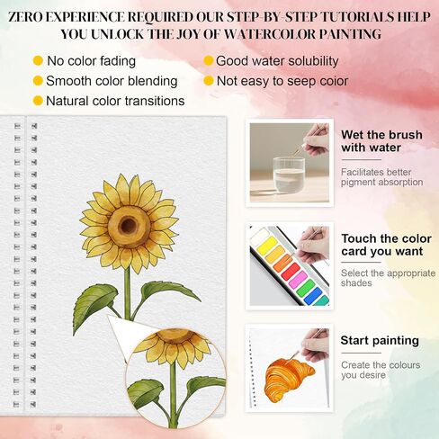 Watercolor Workbooks with Step by Step for Adults Teens - 2 Pack Beginner workbooks with 24 Coloring Book Pages - 12 color blocks and a Brush - Watercolor Paper 300gsm/140lb (birds & flower) in Saudi Arabia