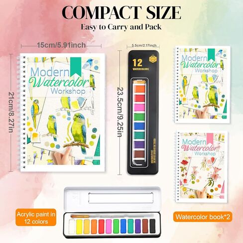 Watercolor Workbooks with Step by Step for Adults Teens - 2 Pack Beginner workbooks with 24 Coloring Book Pages - 12 color blocks and a Brush - Watercolor Paper 300gsm/140lb (birds & flower) in Saudi Arabia