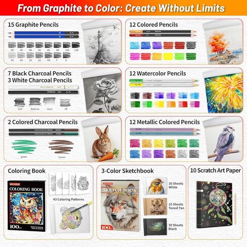 141 قطعة من لوازم الرسم الفنية برو ماكس، أقلام رسم مع دفتر رسم، كتاب تلوين، ألوان مائية فحمي جرافيت ملونة وأقلام رصاص معدنية، لوازم الرسم هدايا للفنانين البالغين والأطفال in Kuwait