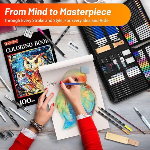 141 قطعة من لوازم الرسم الفنية برو ماكس، أقلام رسم مع دفتر رسم، كتاب تلوين، ألوان مائية فحمي جرافيت ملونة وأقلام رصاص معدنية، لوازم الرسم هدايا للفنانين البالغين والأطفال in Kuwait