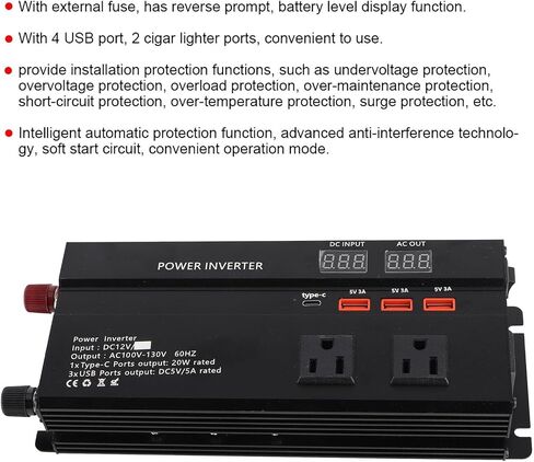 2000W 12V to 120V Car Inverter Charger with LCD Display, USB Port, Cigarette Lighter Ports, and 4000W Peak Power Inverter Converter for Heavy Duty Use in Saudi Arabia