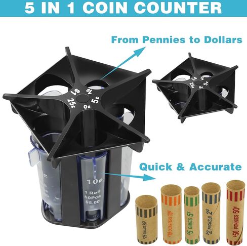 Coin Counter Machine Coin Sorter Tube, 5-in-1 Change Counter with Coin Wrappers, Coin Sorter and Wrapper Machine Coin Organizer Holder for Bank Home Office, Sort Your Pocket Change Quick & Accurate in Saudi Arabia