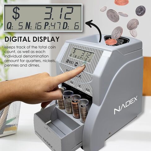 عداد وفارز العملات الرقمية Nadex S180 - يقوم بعد العملات المعدنية ولفها تلقائيًا، ويتوقف عند امتلاء اللفات، ولمسة نهائية من ألياف الكربون. in Kuwait