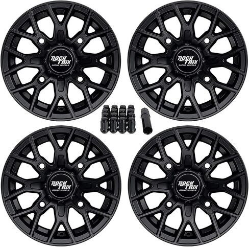 إطارات عجلات RockTrix RT104 مقاس 14 بوصة مقاس 14x7 باللون الأسود 4x137، 5+2 إزاحة، تتضمن صواميل عروة 10x1.25، متوافقة مع Bombardier Can-Am Maverick Commander Renegade Outlander 4/137 (مجموعة من 4) in Kuwait