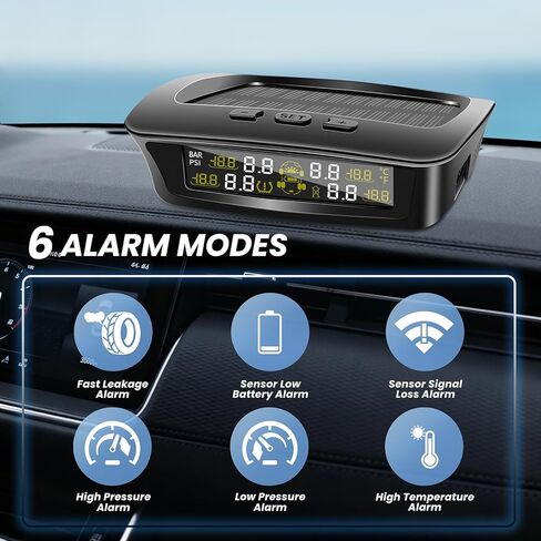 نظام مراقبة ضغط الإطارات RV مع شحن بالطاقة الشمسية وUSB-C، TPMS للمقطورة مع 4 أجهزة استشعار و6 منبهات، شاشة LCD كبيرة، مراقب الضغط/درجة الحرارة في الوقت الحقيقي لسيارة السيدان، سيارات الدفع الرباعي، MPV، الشاحنة (0-87 رطل لكل بوصة مربعة) in Kuwait