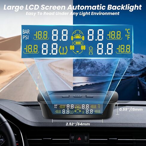 نظام مراقبة ضغط الإطارات RV مع شحن بالطاقة الشمسية وUSB-C، TPMS للمقطورة مع 4 أجهزة استشعار و6 منبهات، شاشة LCD كبيرة، مراقب الضغط/درجة الحرارة في الوقت الحقيقي لسيارة السيدان، سيارات الدفع الرباعي، MPV، الشاحنة (0-87 رطل لكل بوصة مربعة) in Kuwait