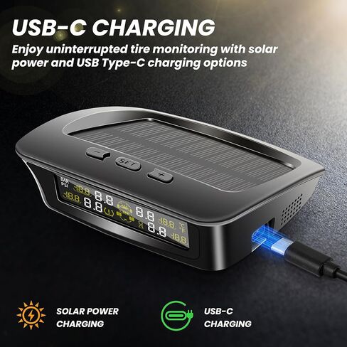 نظام مراقبة ضغط الإطارات RV مع شحن بالطاقة الشمسية وUSB-C، TPMS للمقطورة مع 4 أجهزة استشعار و6 منبهات، شاشة LCD كبيرة، مراقب الضغط/درجة الحرارة في الوقت الحقيقي لسيارة السيدان، سيارات الدفع الرباعي، MPV، الشاحنة (0-87 رطل لكل بوصة مربعة) in Kuwait