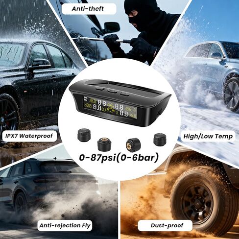 نظام مراقبة ضغط الإطارات RV مع شحن بالطاقة الشمسية وUSB-C، TPMS للمقطورة مع 4 أجهزة استشعار و6 منبهات، شاشة LCD كبيرة، مراقب الضغط/درجة الحرارة في الوقت الحقيقي لسيارة السيدان، سيارات الدفع الرباعي، MPV، الشاحنة (0-87 رطل لكل بوصة مربعة) in Kuwait