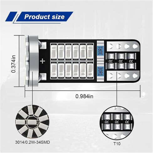 10PCS 194 LED Light Bulb, T10 168 W5W 2825 LED Reading Bulb with 24-SMD 3014 Chipsets, Bright 6000K Car License Plate Lamp Bulbs for Car Interior Dome/Courtesy/Trunk Light (White) in Saudi Arabia